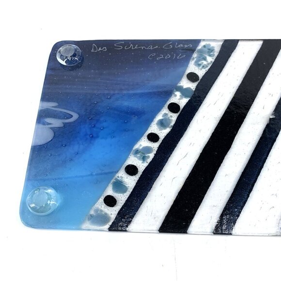 Dos Sirenas Fused Glass Plate Serving Tray Footed 12 x 6" Blue White Black 2016 - Picture 6 of 9